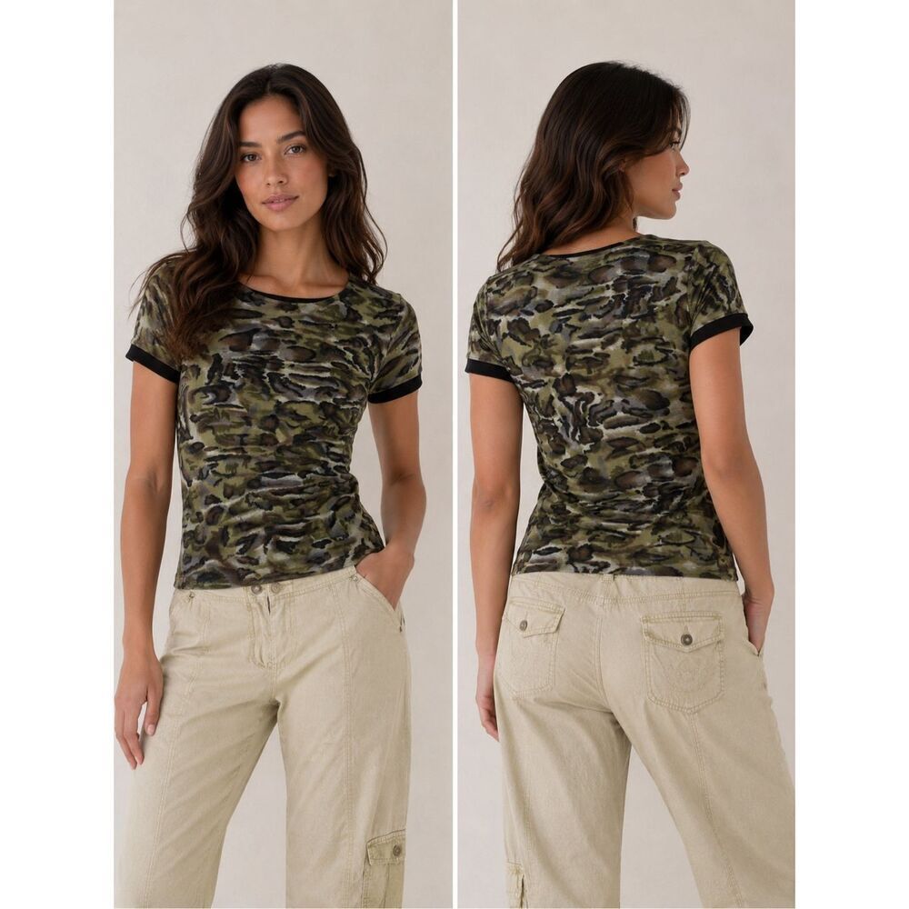 Vintage Y2K Cosmos Mesh Camo Lined Top Size M Sheer Stretch Tee Rare
